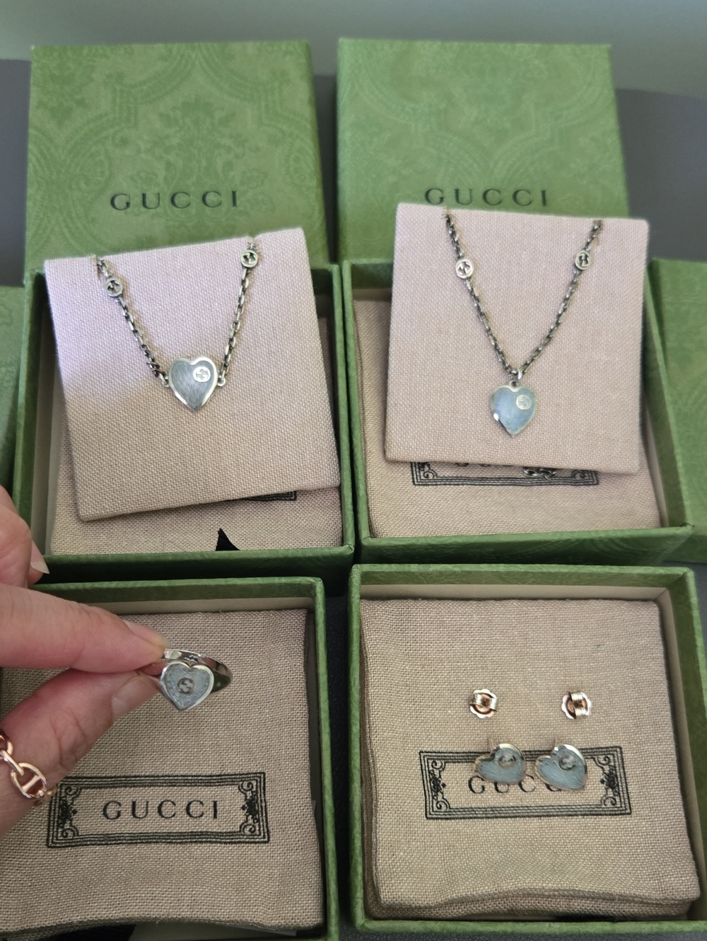Gucci Silver Heart Bracelet, Necklace, Ring and Earrings Set - Silver Jewelry